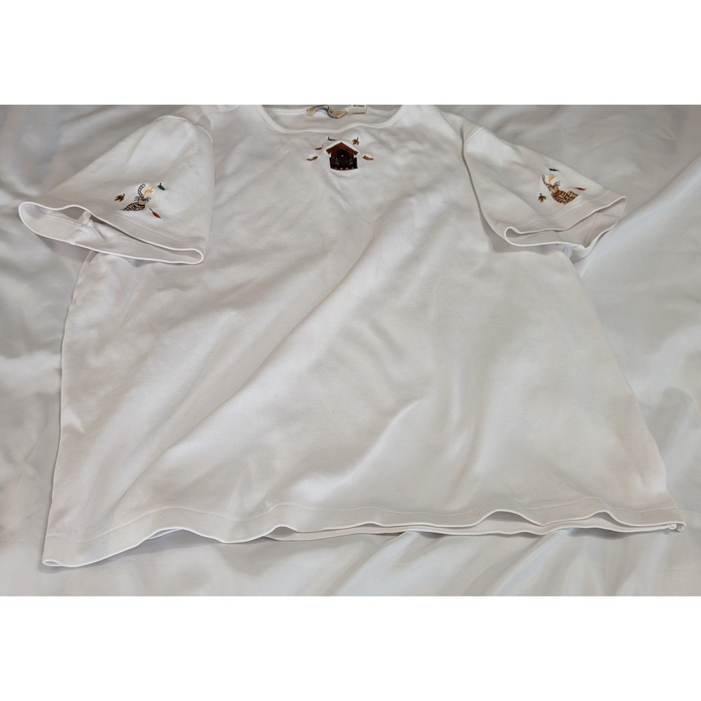 Bechamel T-Shirt Women XL White Excellent Embroidered Cats Birdhouse Fall Cotton